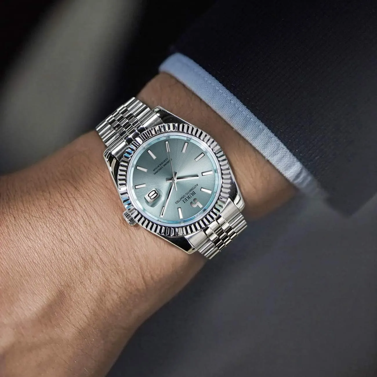 BUREI Men's Automatic Watch Analog Dial with Date Window Sapphire Crystal Stainless Steel Band and Case