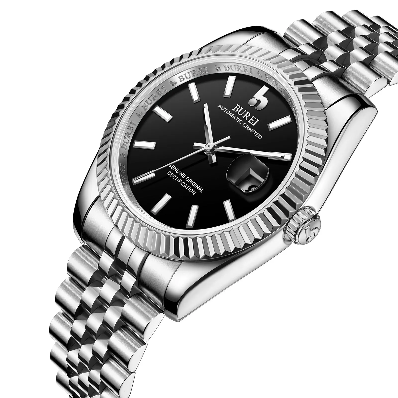 BUREI Men's Automatic Watch Analog Dial with Date Window Sapphire Crystal Stainless Steel Band and Case