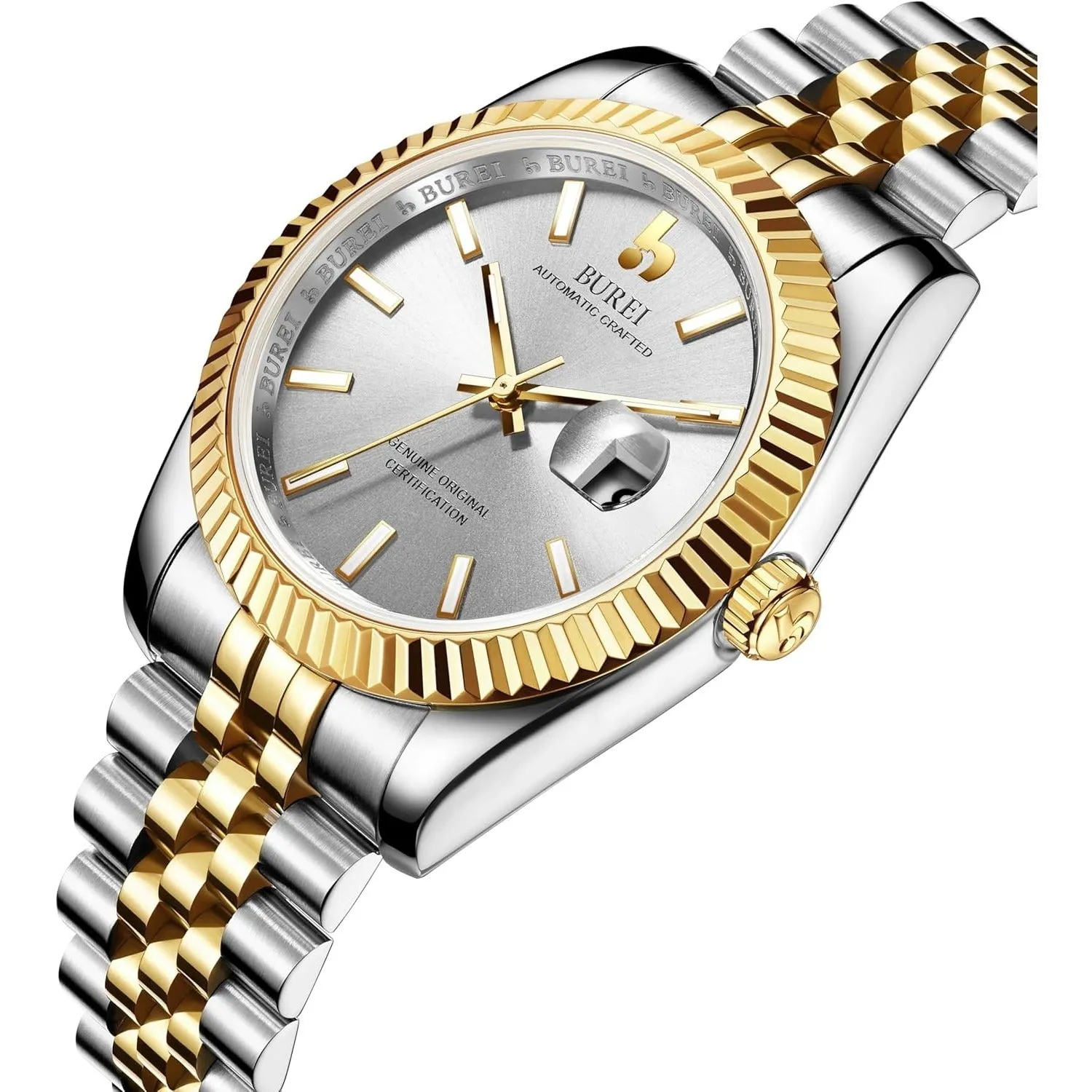 BUREI Men's Automatic Watch Analog Dial with Date Window Sapphire Crystal Stainless Steel Band and Case