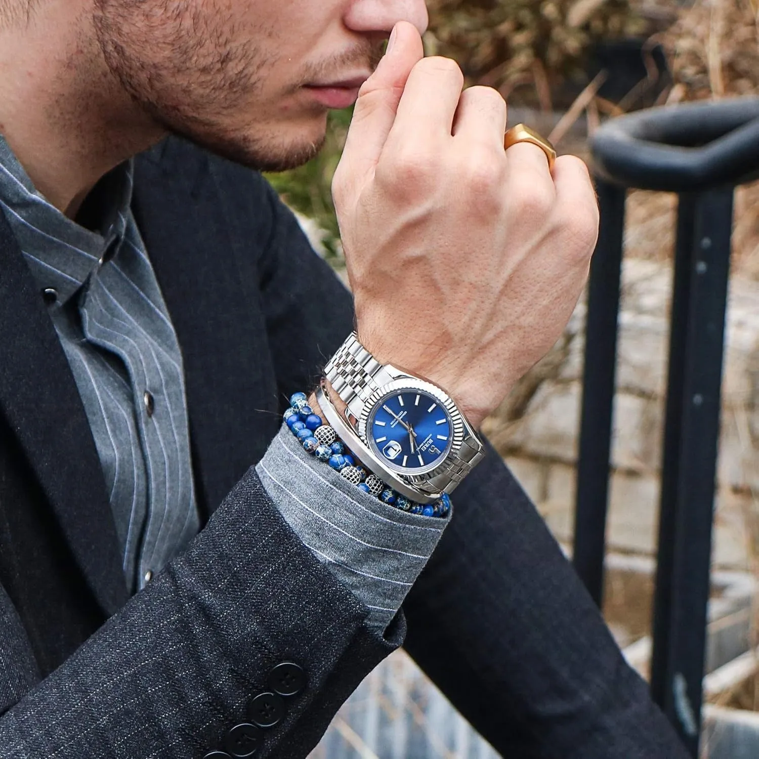 BUREI Men's Automatic Watch Analog Dial with Date Window Sapphire Crystal Stainless Steel Band and Case