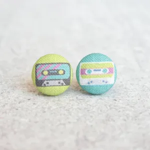 Cassette Tapes, Fabric Covered Button Earrings