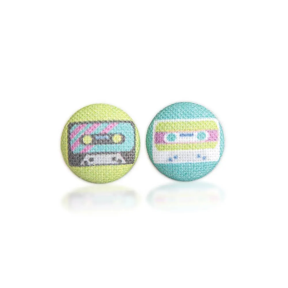 Cassette Tapes, Fabric Covered Button Earrings