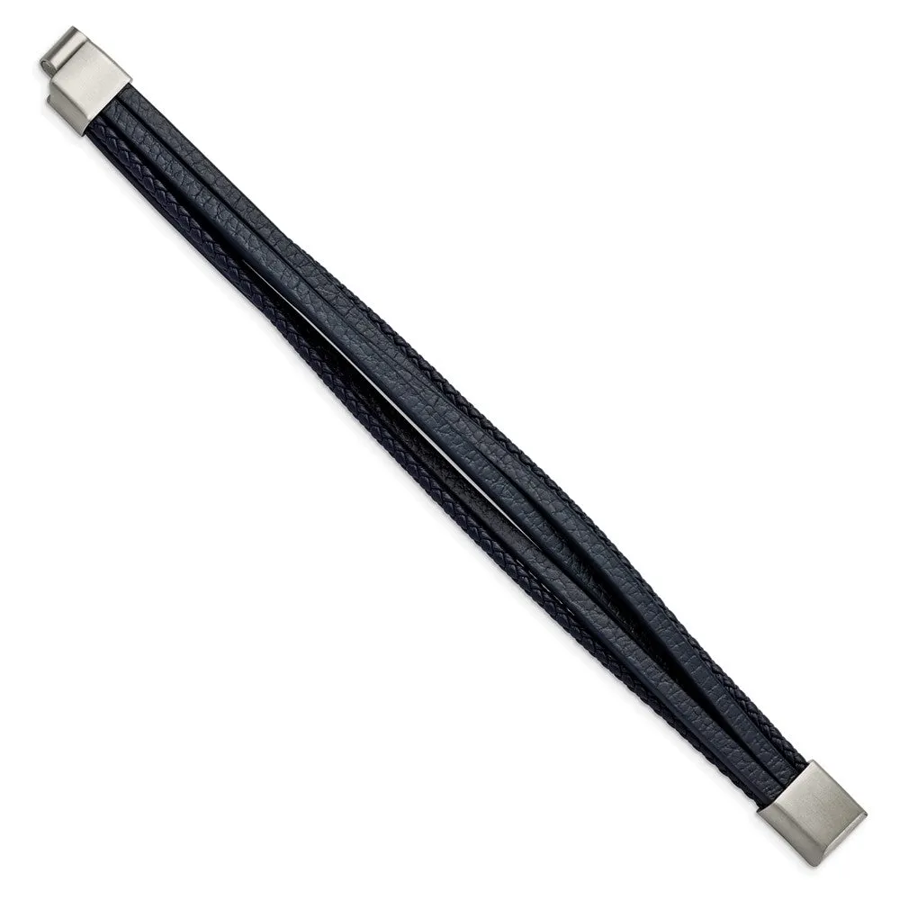 Chisel Stainless Steel Brushed Multi Strand Navy Blue Leather 8 inch Bracelet