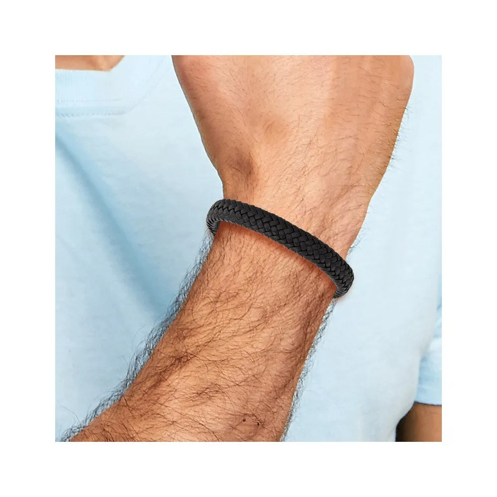 Chisel Stainless Steel Polished Black Braided Leather 8 inch Bracelet with .5 inch Extension