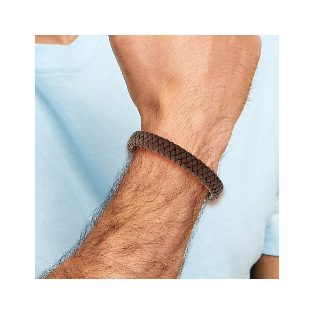 Chisel Stainless Steel Polished Brown Braided Leather 8.5 inch Bracelet