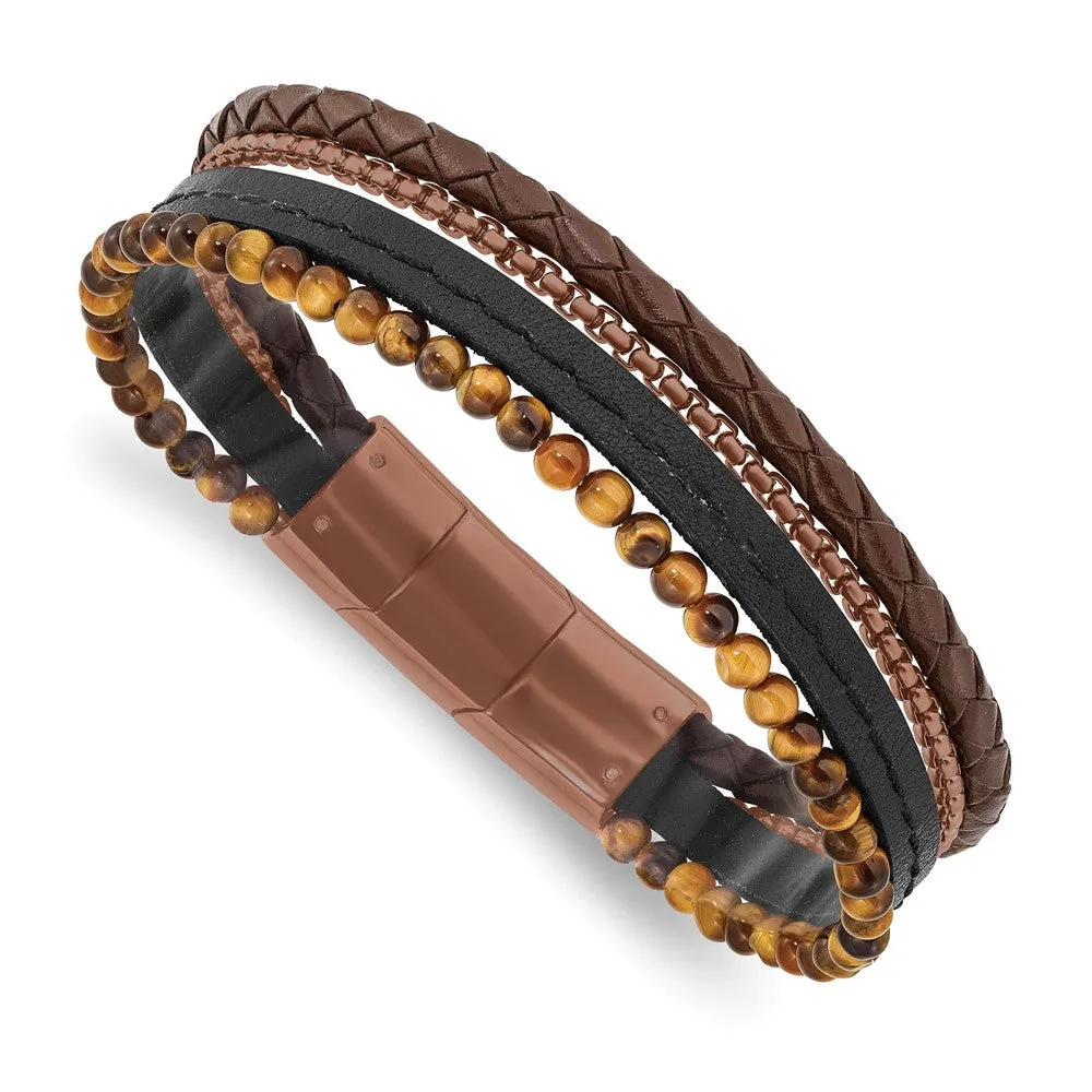 Chisel Stainless Steel Polished Brown IP-plated Multi Strand Tiger's Eye Beaded Black and Brown Leather 8 inch Bracelet with .5 inch Extension