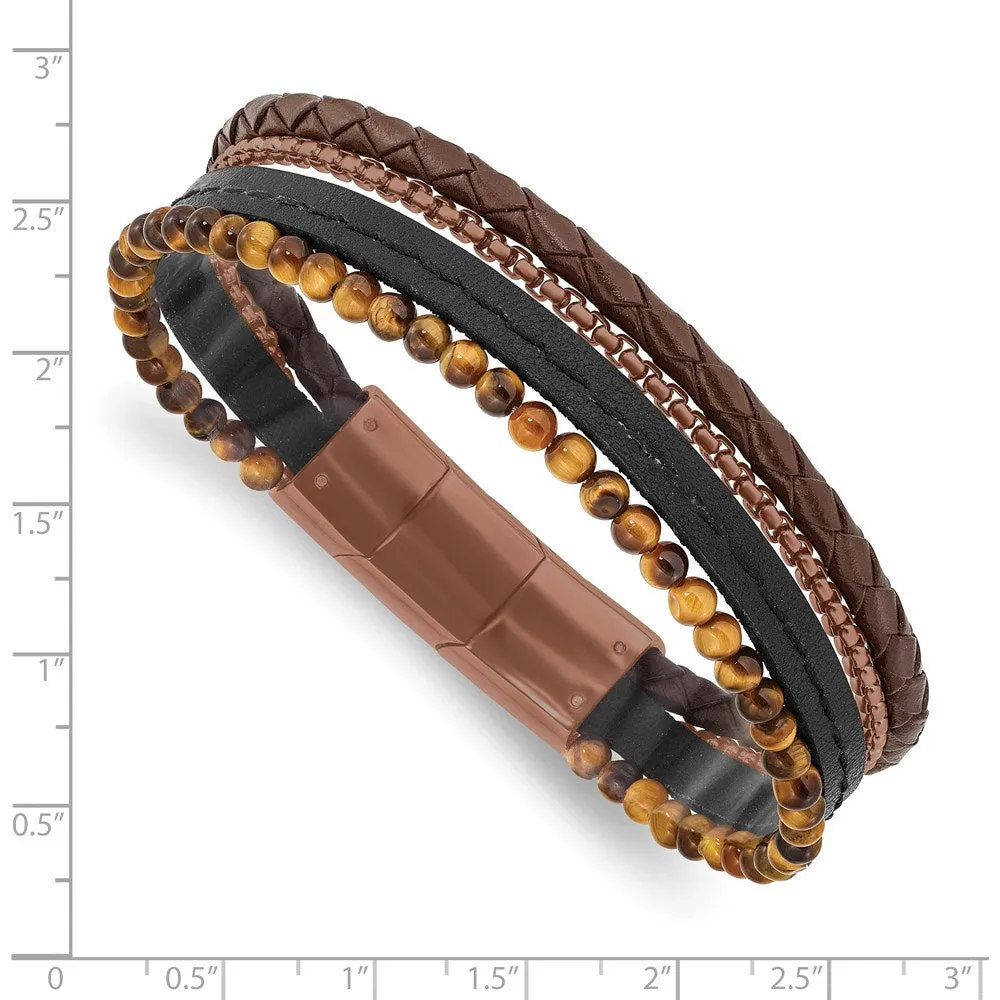 Chisel Stainless Steel Polished Brown IP-plated Multi Strand Tiger's Eye Beaded Black and Brown Leather 8 inch Bracelet with .5 inch Extension