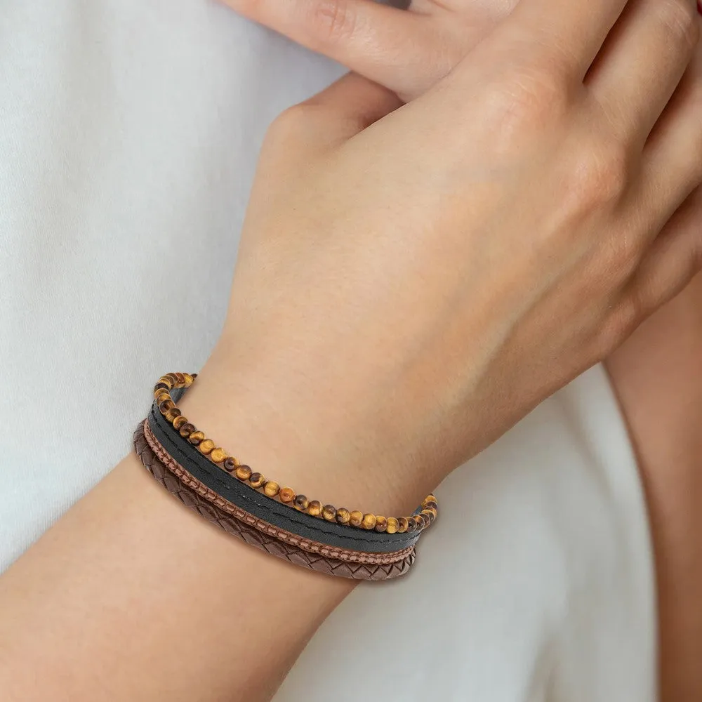 Chisel Stainless Steel Polished Brown IP-plated Multi Strand Tiger's Eye Beaded Black and Brown Leather 8 inch Bracelet with .5 inch Extension