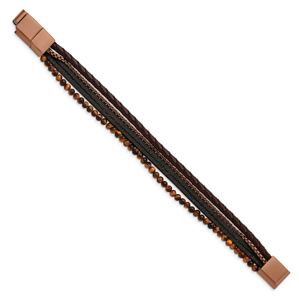 Chisel Stainless Steel Polished Brown IP-plated Multi Strand Tiger's Eye Beaded Black and Brown Leather 8 inch Bracelet with .5 inch Extension