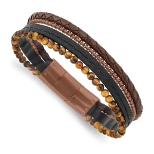 Chisel Stainless Steel Polished Brown IP-plated Multi Strand Tiger's Eye Beaded Black and Brown Leather 8 inch Bracelet with .5 inch Extension