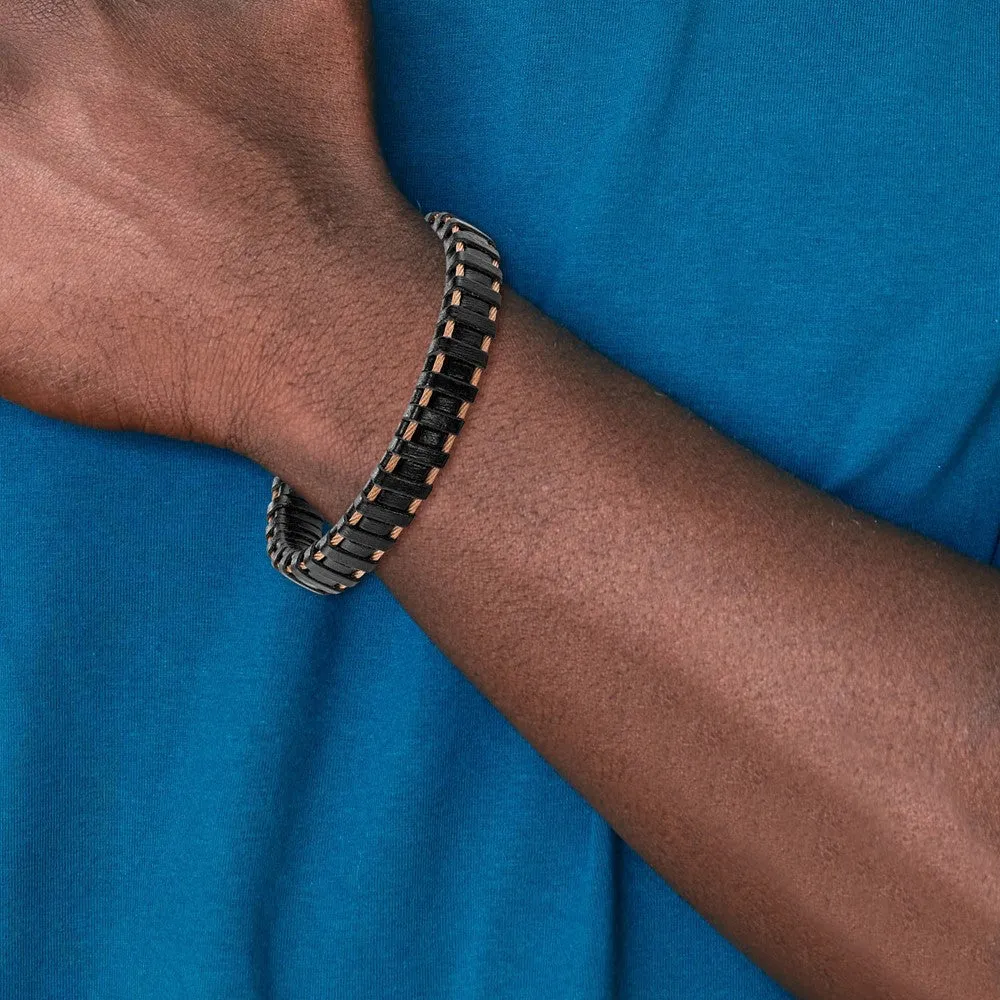 Chisel Stainless Steel Polished Rose IP-plated Cable and Black Leather 8.5 inch Bracelet
