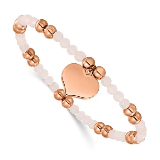 Chisel Stainless Steel Rose Gold Heart Rose Quartz Stretch Bracelet
