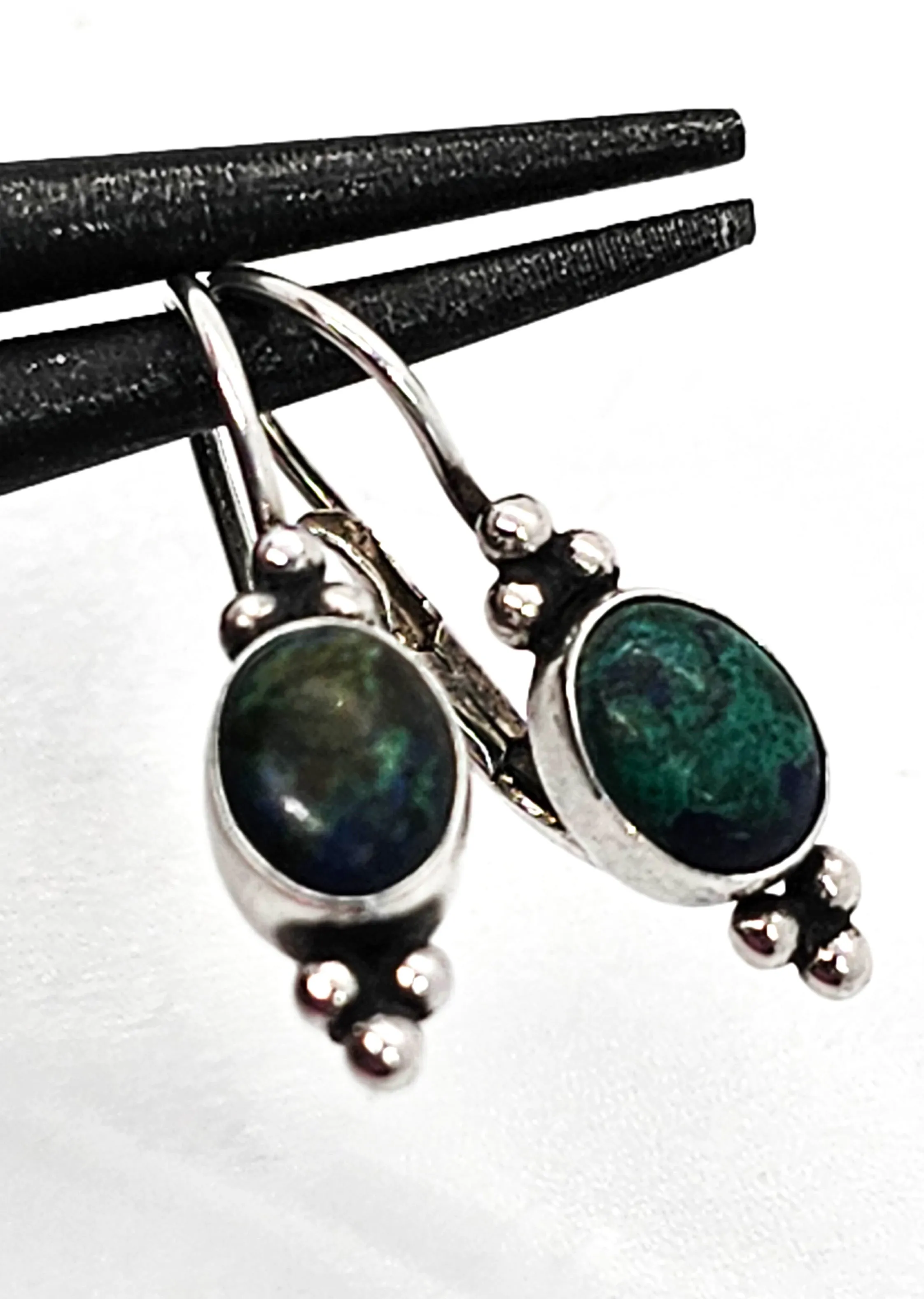 Chrysocolla blue green gemstone vintage Balinese sterling silver earrings