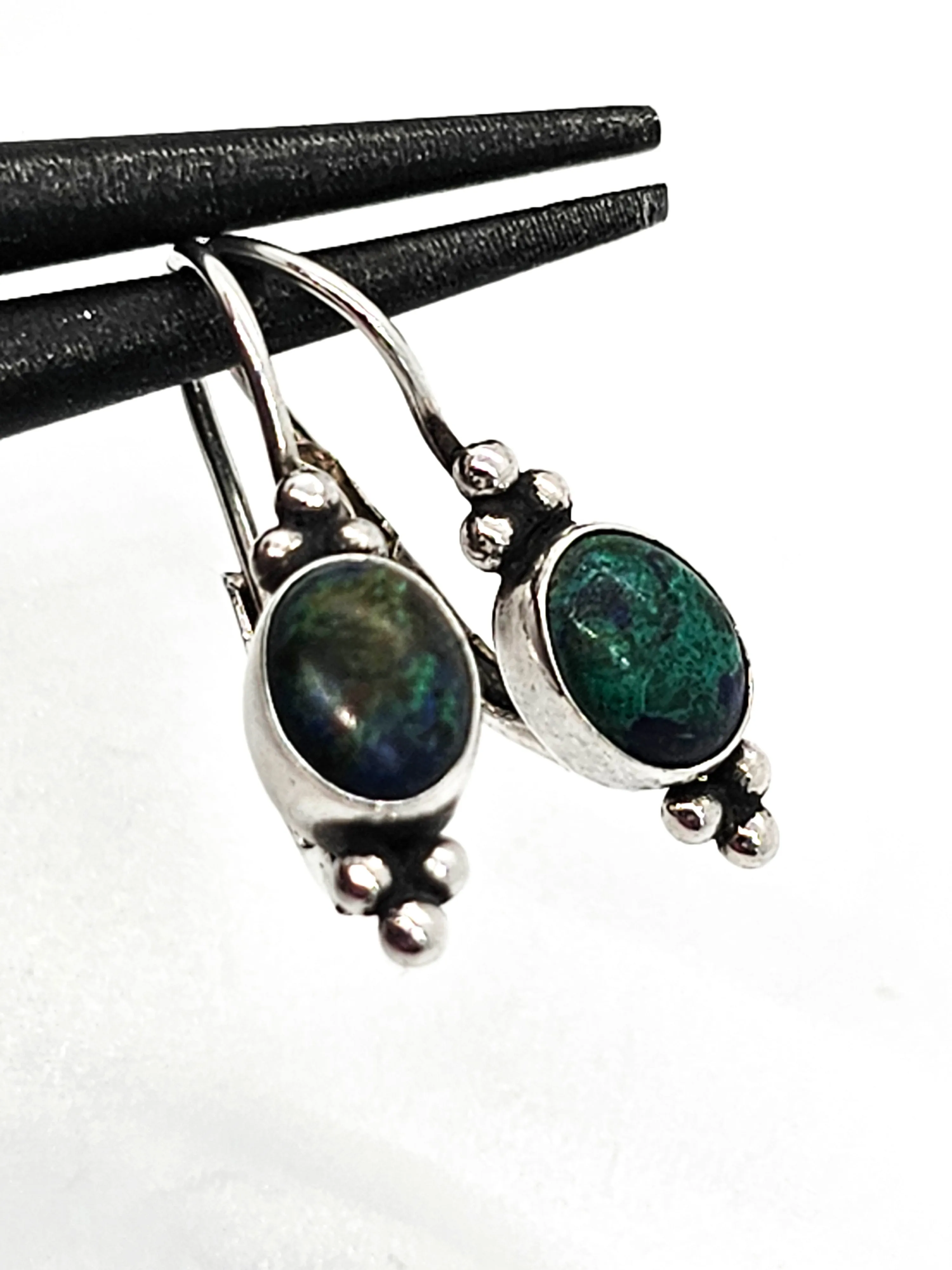 Chrysocolla blue green gemstone vintage Balinese sterling silver earrings