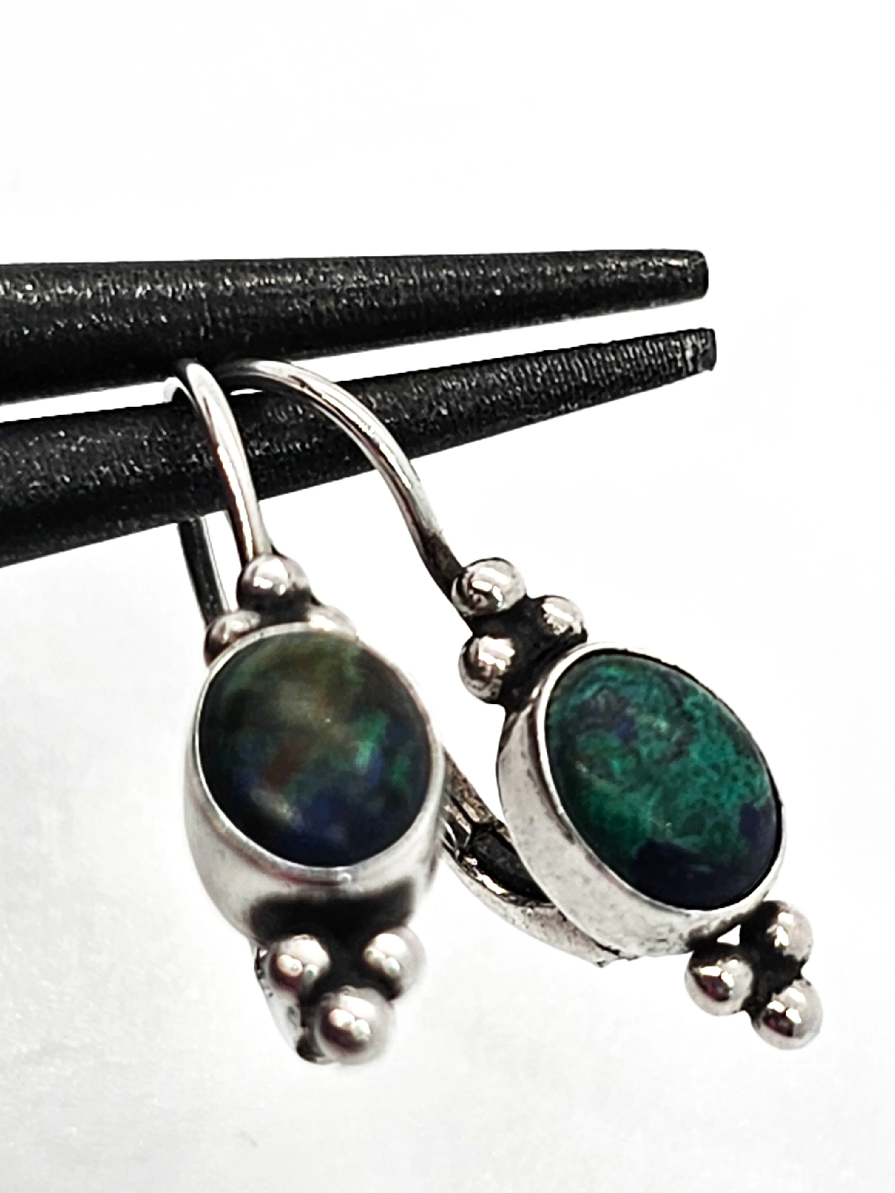 Chrysocolla blue green gemstone vintage Balinese sterling silver earrings