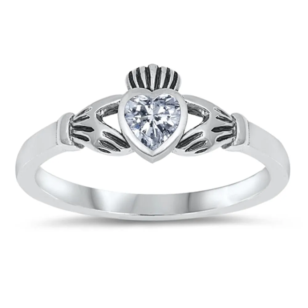 Clear CZ Claddagh Heart Polished Ring New .925 Sterling Silver Band Sizes 1-9