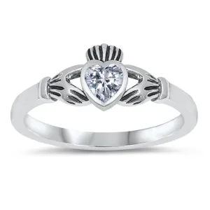 Clear CZ Claddagh Heart Polished Ring New .925 Sterling Silver Band Sizes 1-9