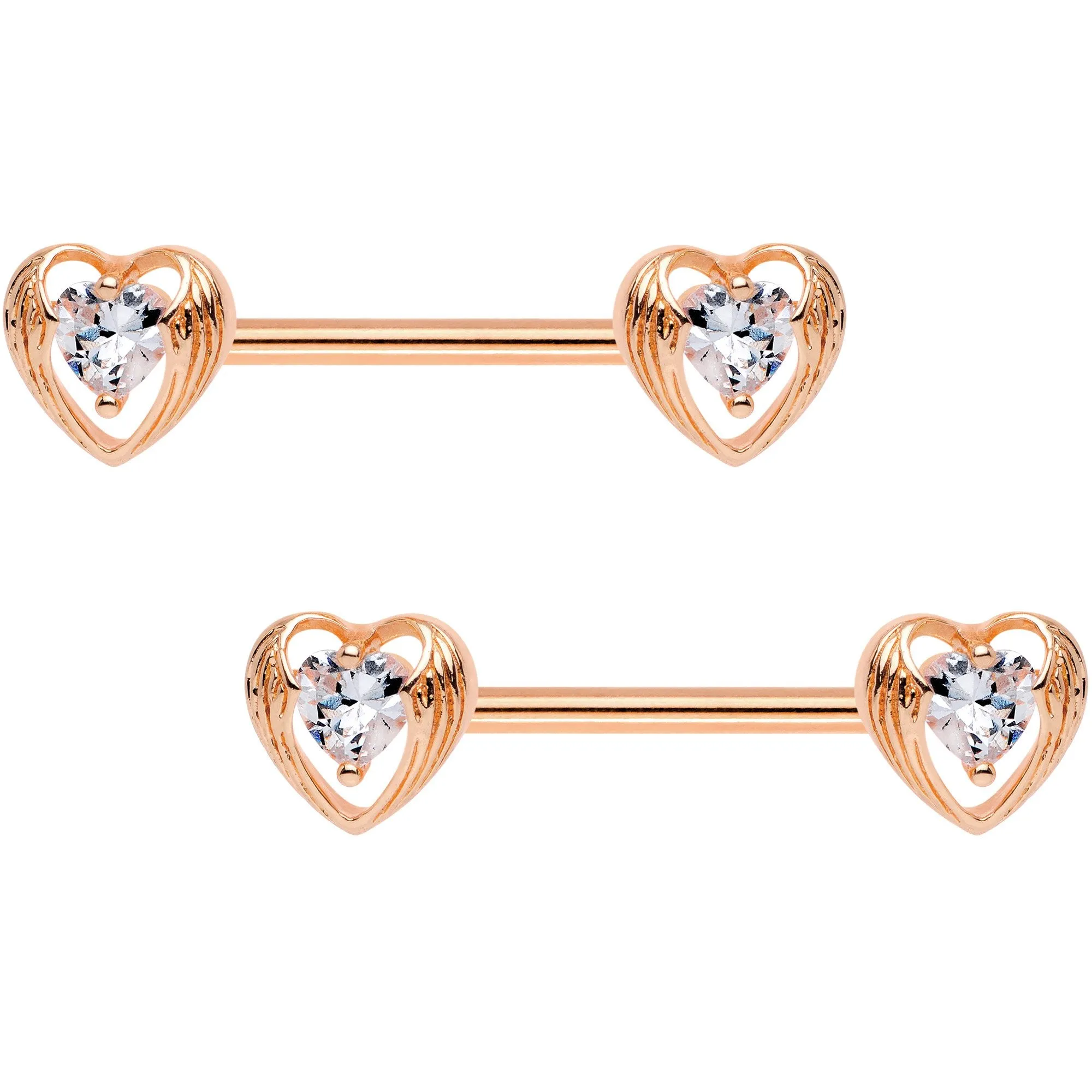 Clear CZ Rose Gold Tone Anodized Hugged Heart Barbell Nipple Ring Set