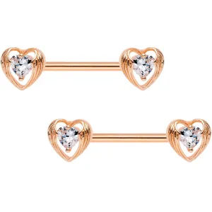Clear CZ Rose Gold Tone Anodized Hugged Heart Barbell Nipple Ring Set