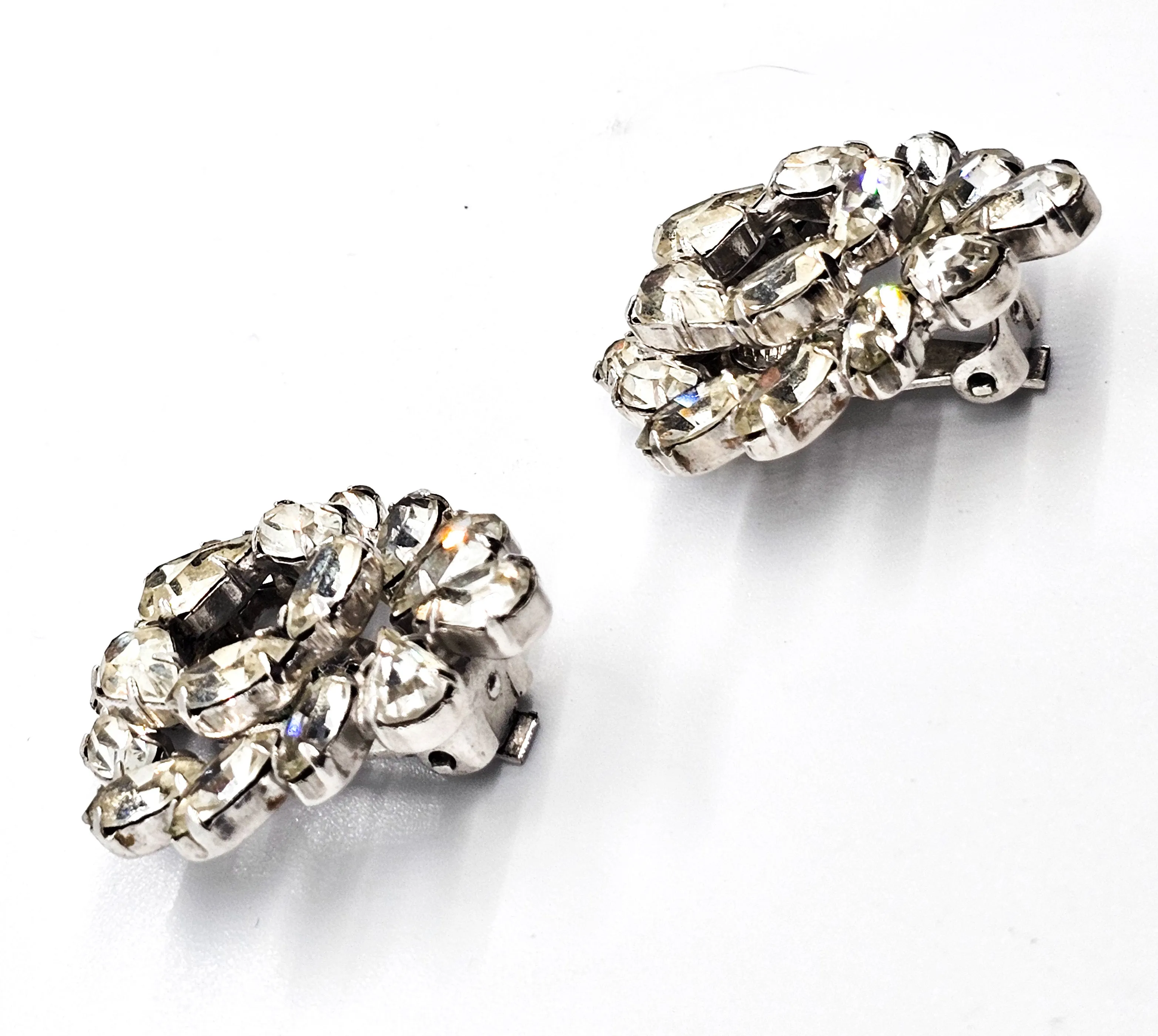 Clear pear cut double layered open work vintage rhinestone clip on earrings