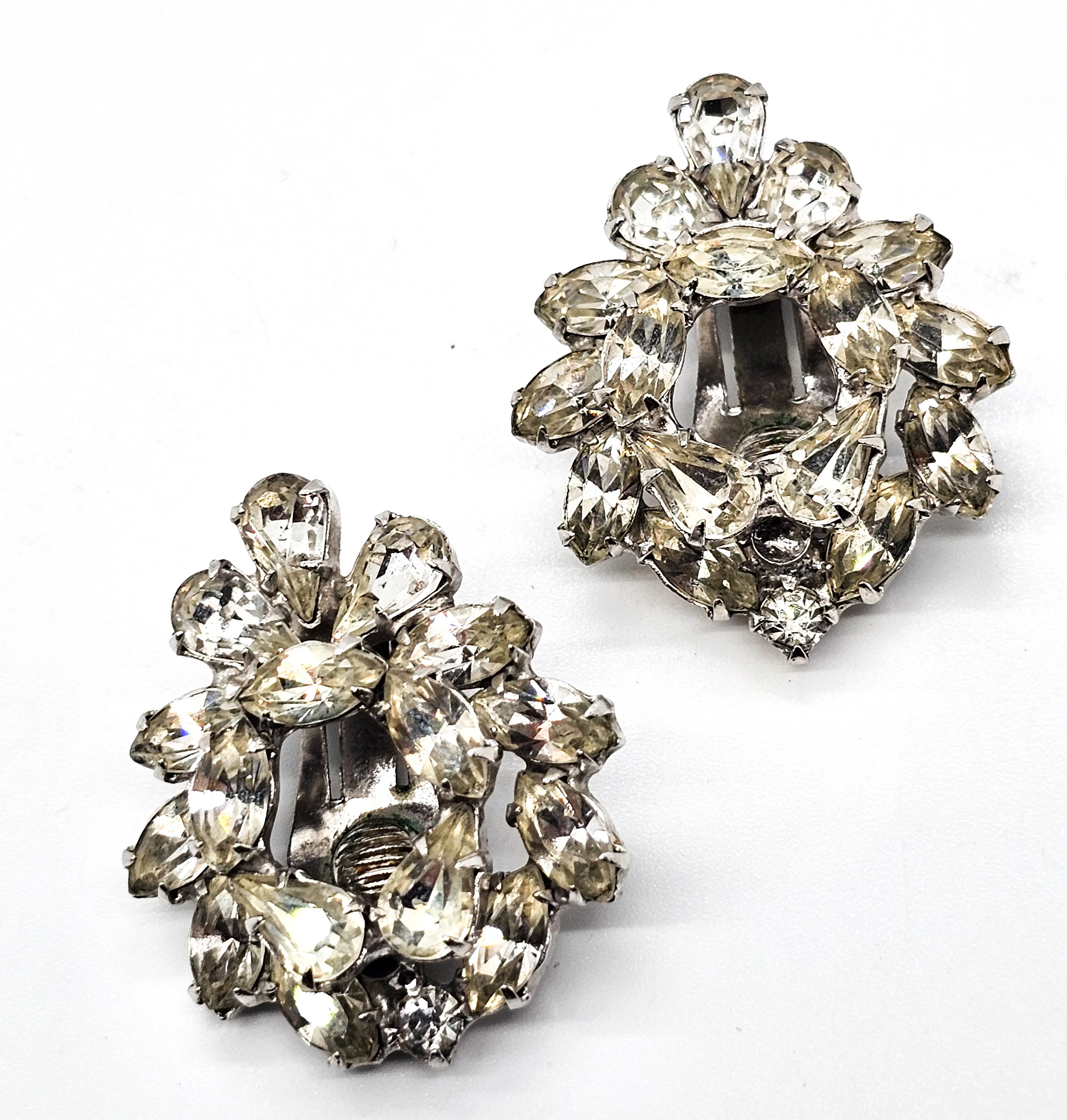 Clear pear cut double layered open work vintage rhinestone clip on earrings