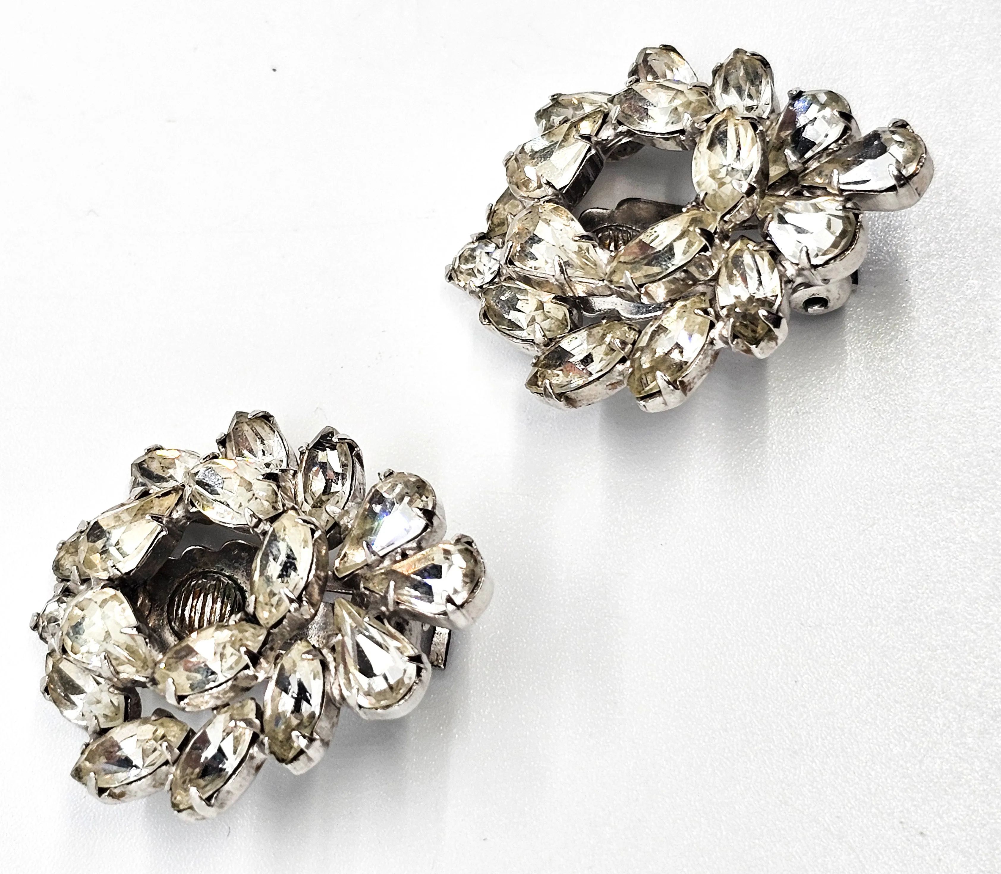 Clear pear cut double layered open work vintage rhinestone clip on earrings