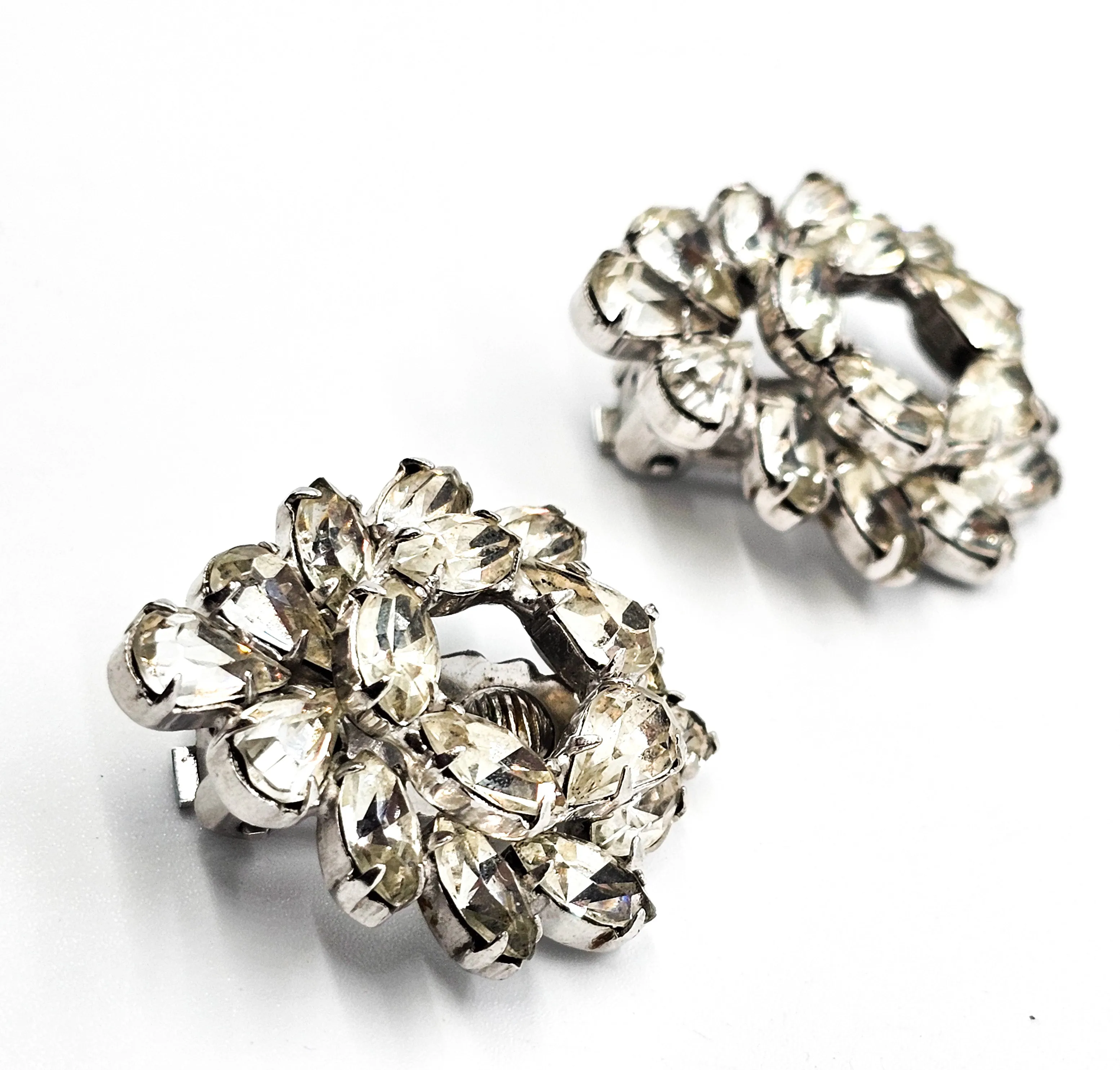 Clear pear cut double layered open work vintage rhinestone clip on earrings