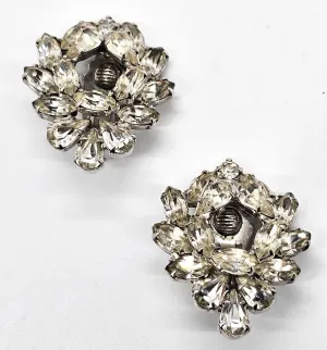 Clear pear cut double layered open work vintage rhinestone clip on earrings