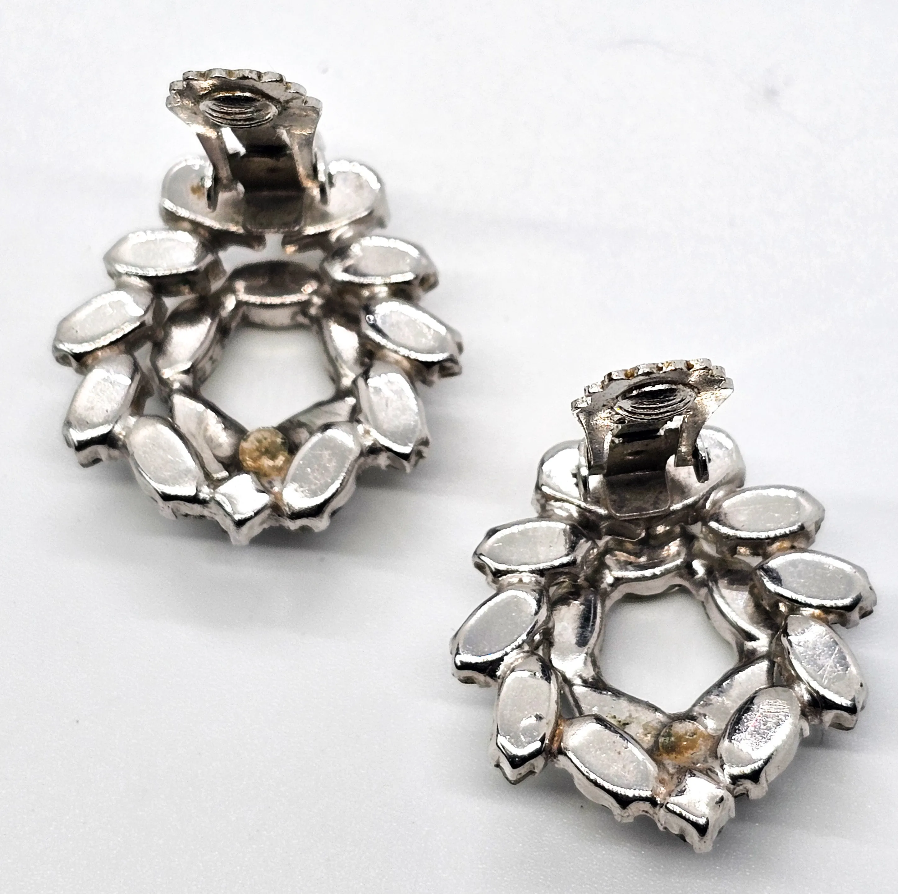 Clear pear cut double layered open work vintage rhinestone clip on earrings