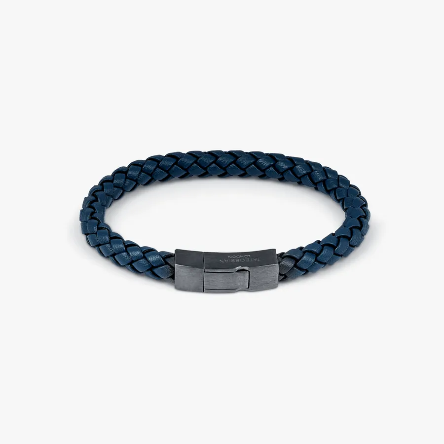 Click Tocco Bracelet In Grey Piped Italian Blue Leather With Black Rhodium Plated Sterling Silver
