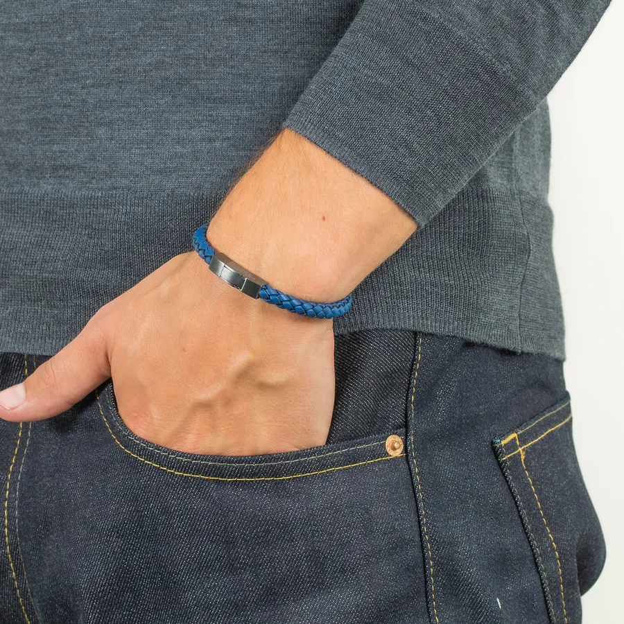 Click Tocco Bracelet In Grey Piped Italian Blue Leather With Black Rhodium Plated Sterling Silver