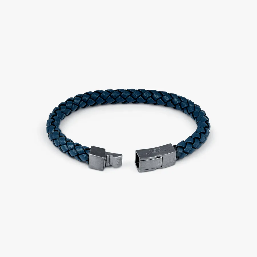 Click Tocco Bracelet In Grey Piped Italian Blue Leather With Black Rhodium Plated Sterling Silver
