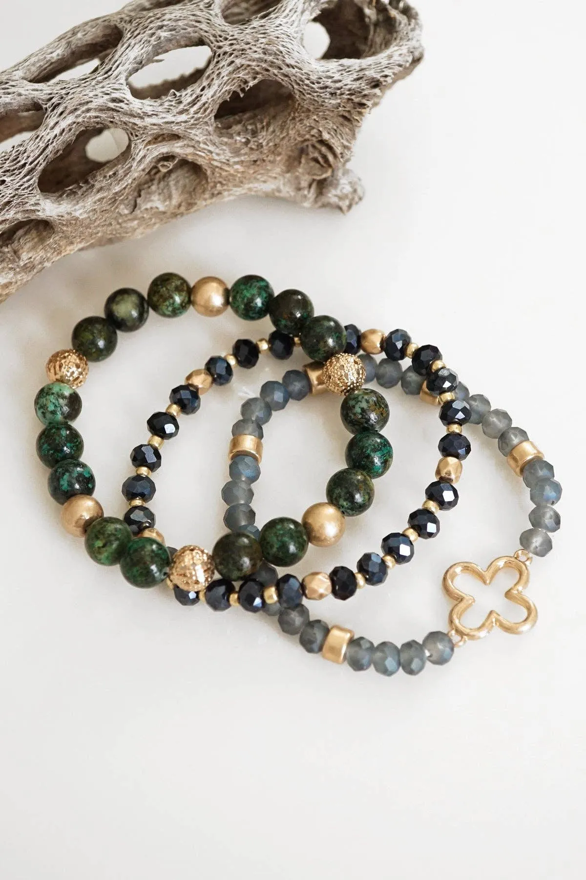 Clover Beaded Bracelet Set Semi Precious Gold tone - Green