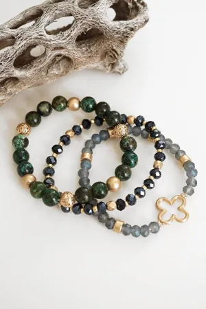 Clover Beaded Bracelet Set Semi Precious Gold tone - Green