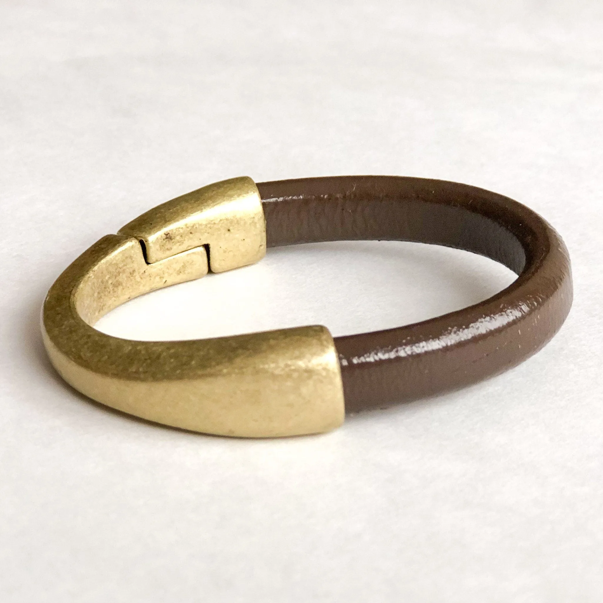 Cocoa Brown Thick Leather Bracelet for Women with Antique Brass Half Cuff Magnetic Clasp