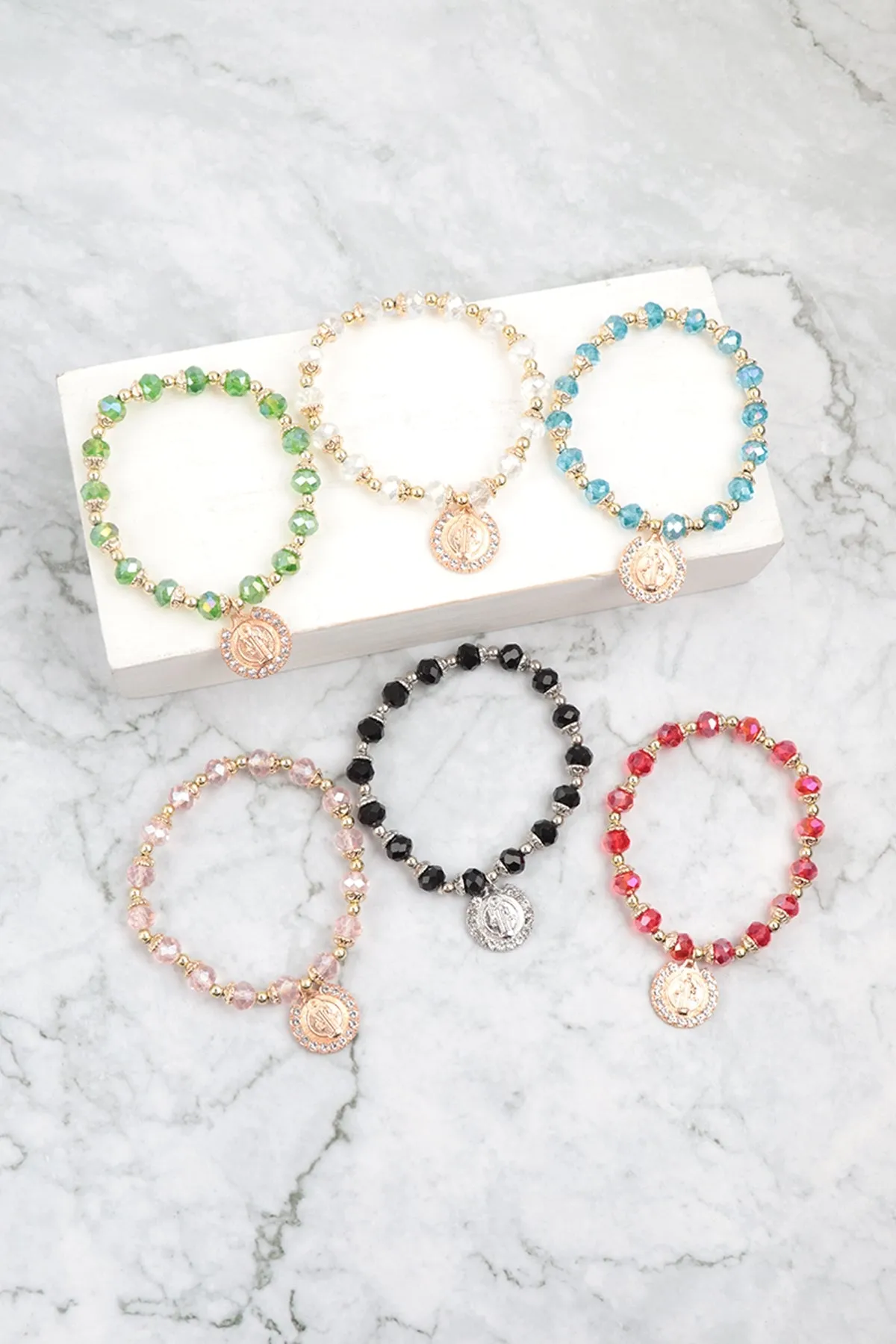 COIN PENDANT RHINESTONE GLASS BEADS STRETCH BRACELET SET