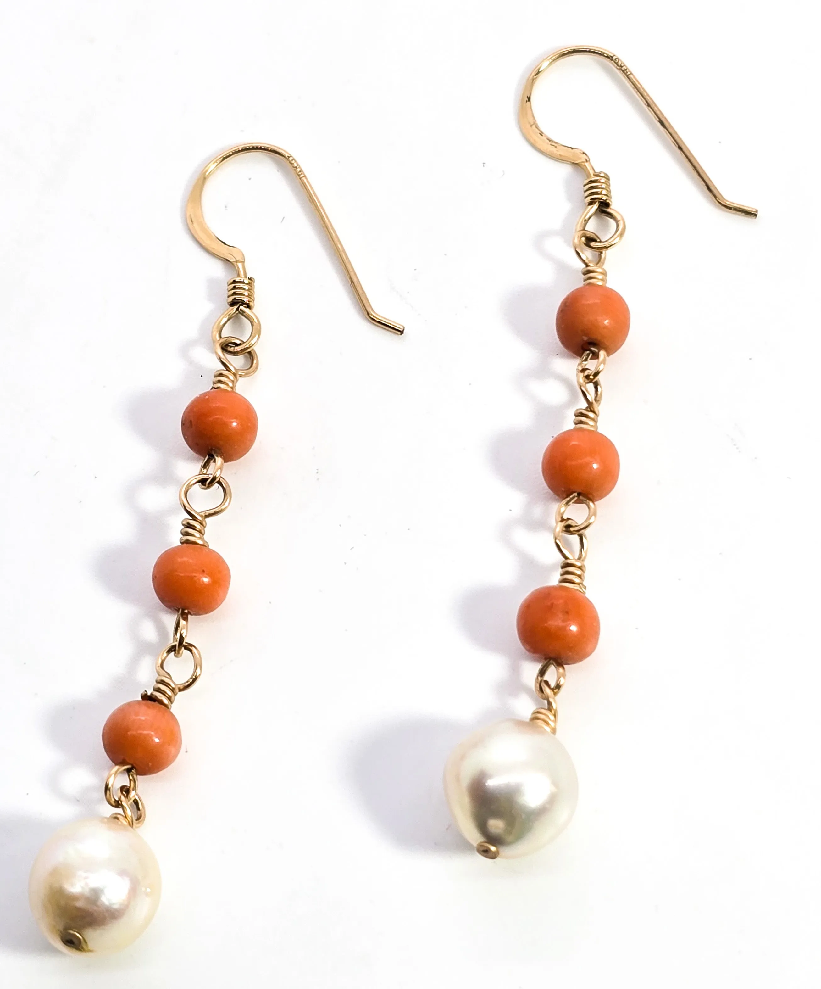 Coral and Pearl yellow gold filled beaded long drop earrings