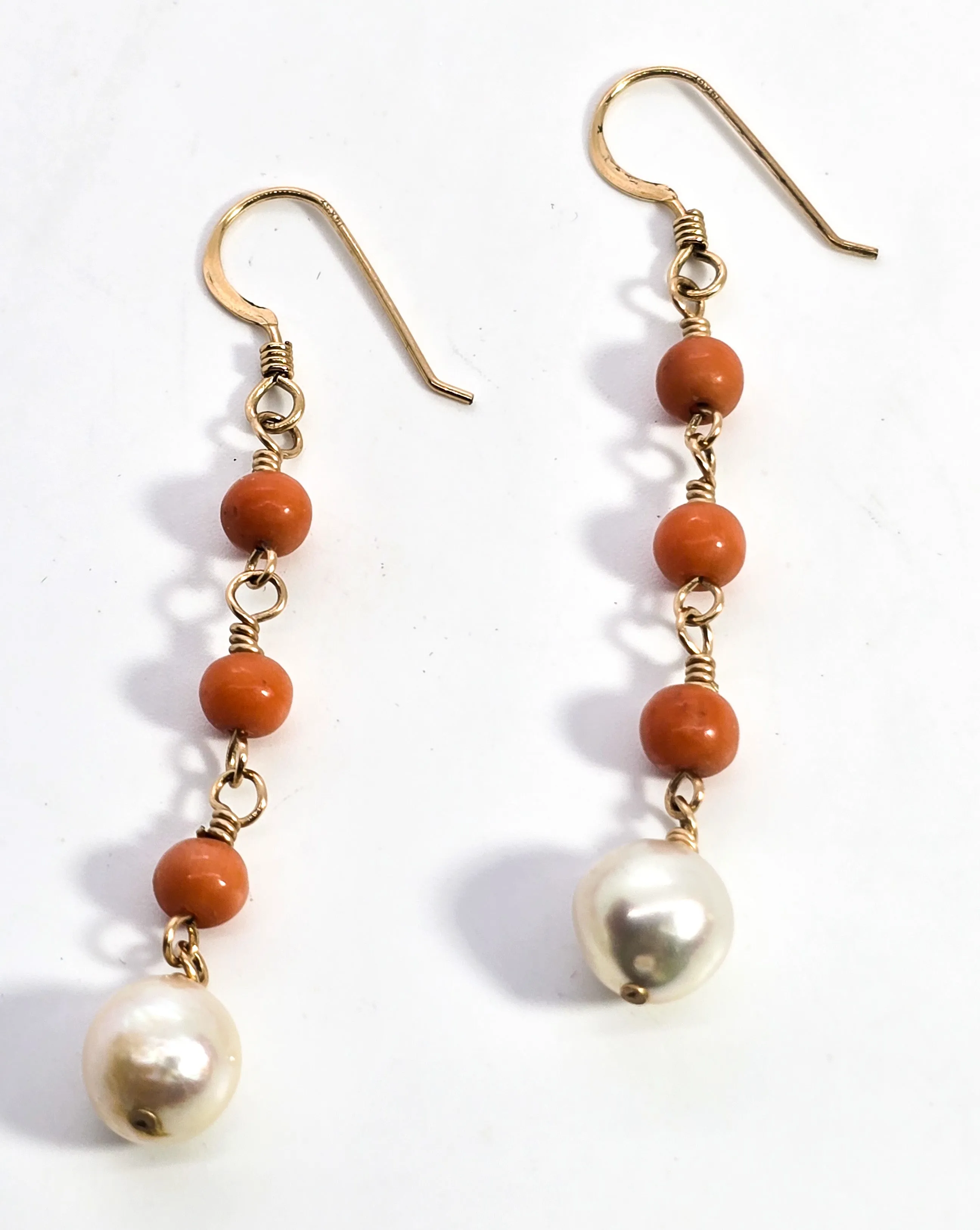Coral and Pearl yellow gold filled beaded long drop earrings