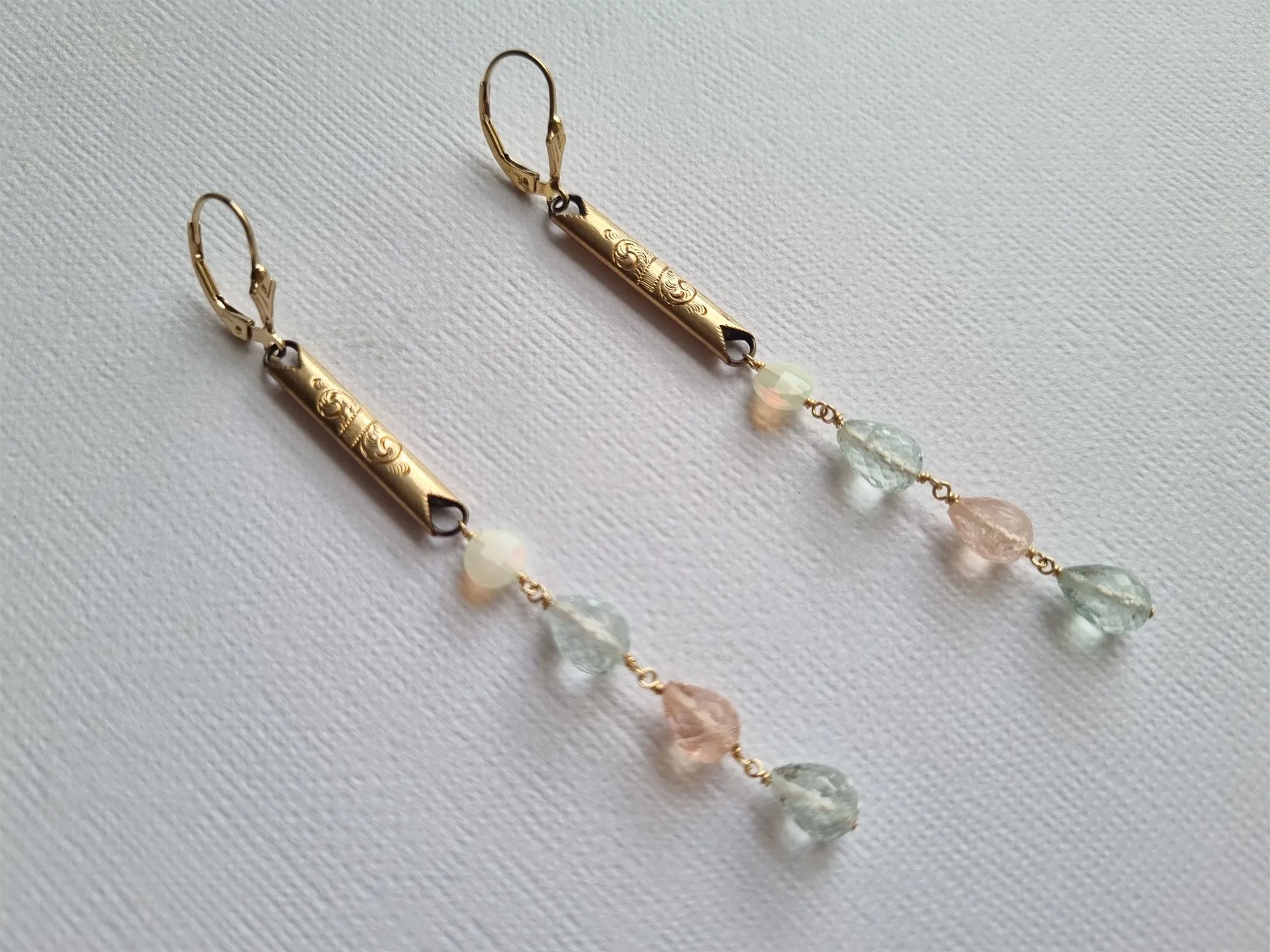 coral wisps | Antique link opal, morganite and aquamarine earrings