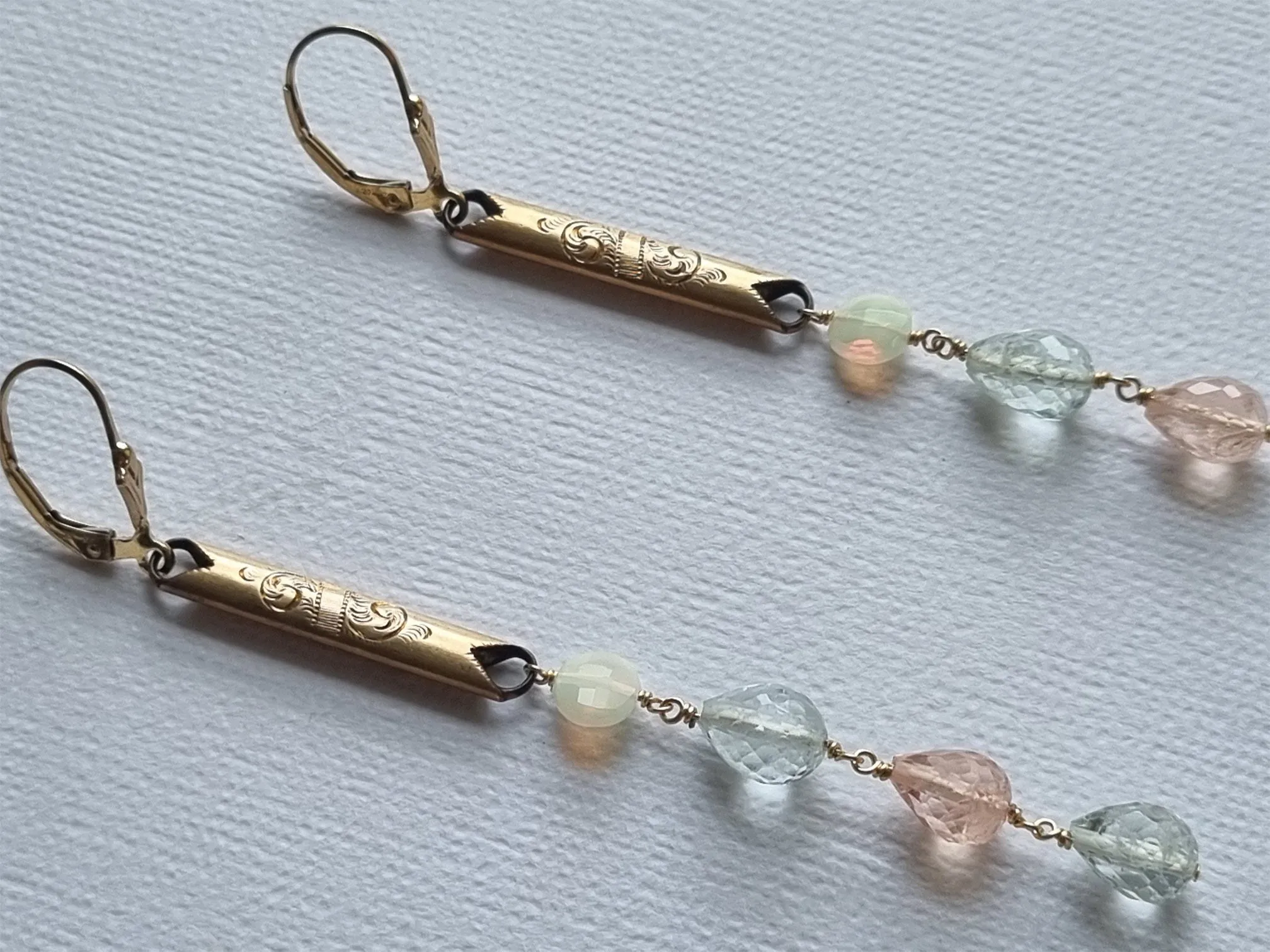 coral wisps | Antique link opal, morganite and aquamarine earrings