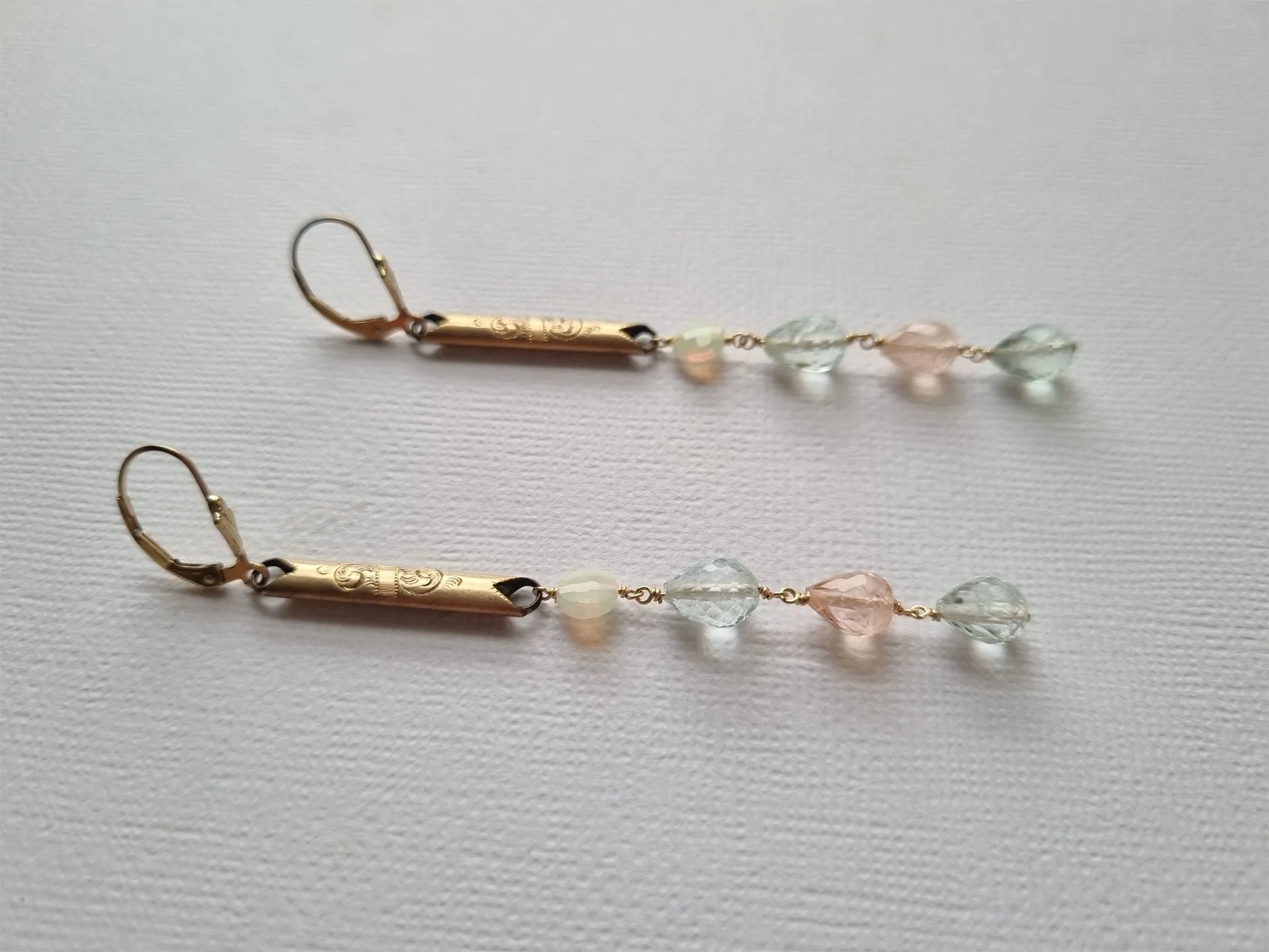 coral wisps | Antique link opal, morganite and aquamarine earrings