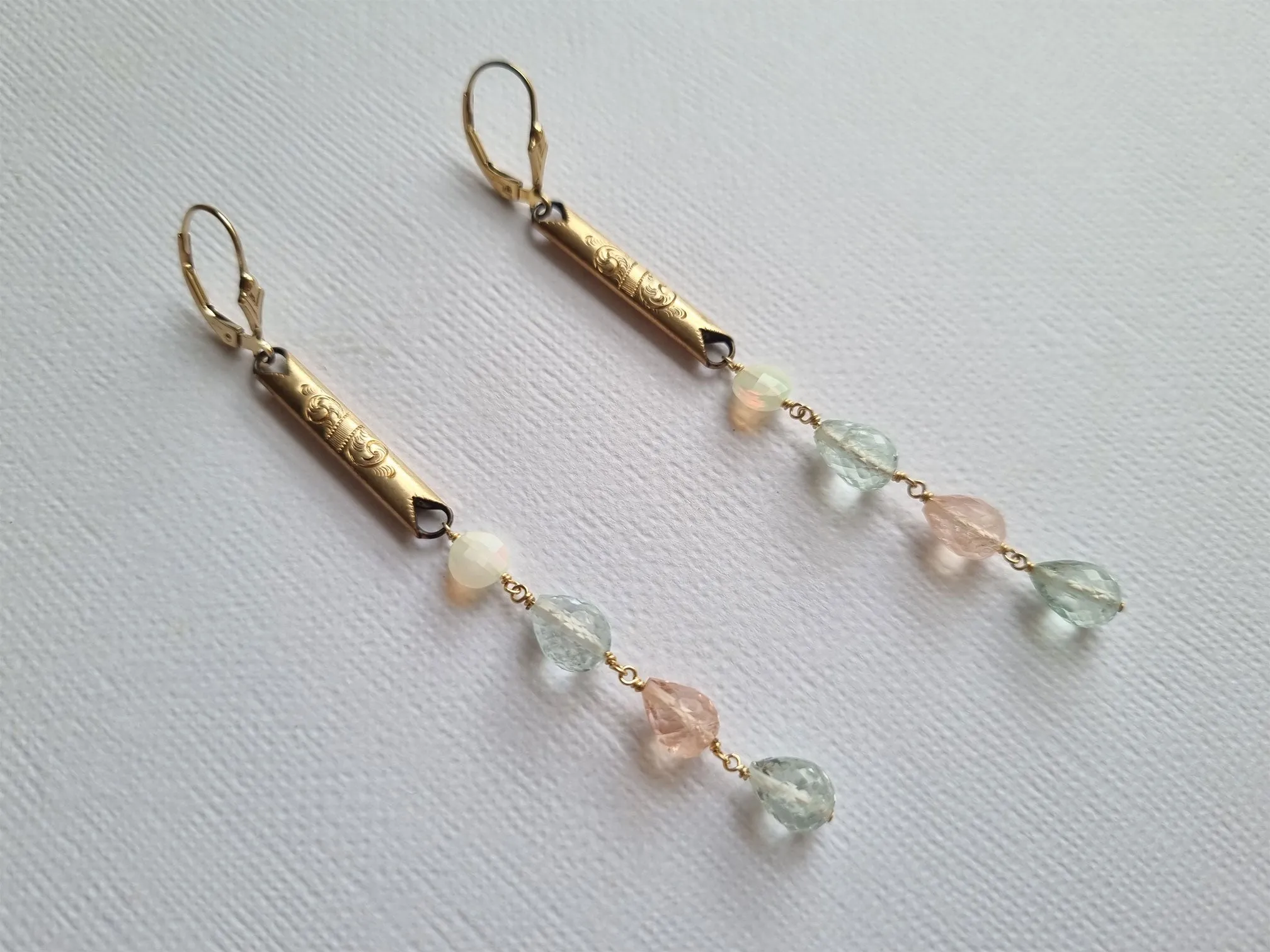coral wisps | Antique link opal, morganite and aquamarine earrings