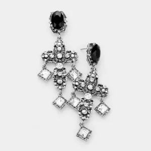 Cross Antique Silver Rhinestone Earrings