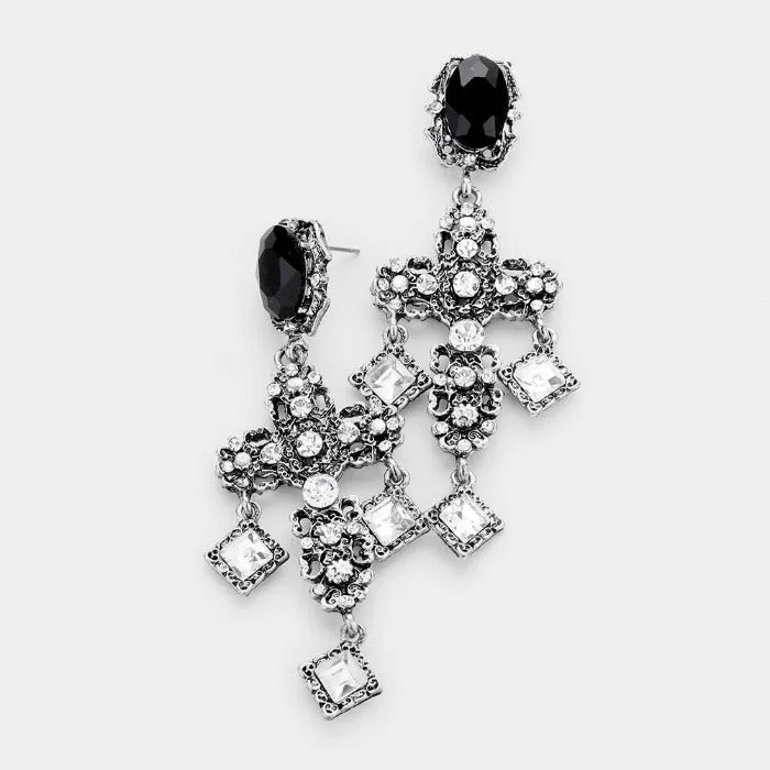 Cross Antique Silver Rhinestone Earrings