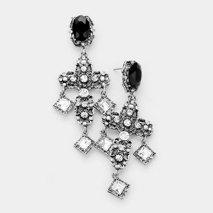 Cross Antique Silver Rhinestone Earrings