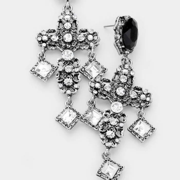 Cross Antique Silver Rhinestone Earrings