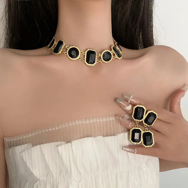 Crystal Square Round Necklace  and Dangle Earrings