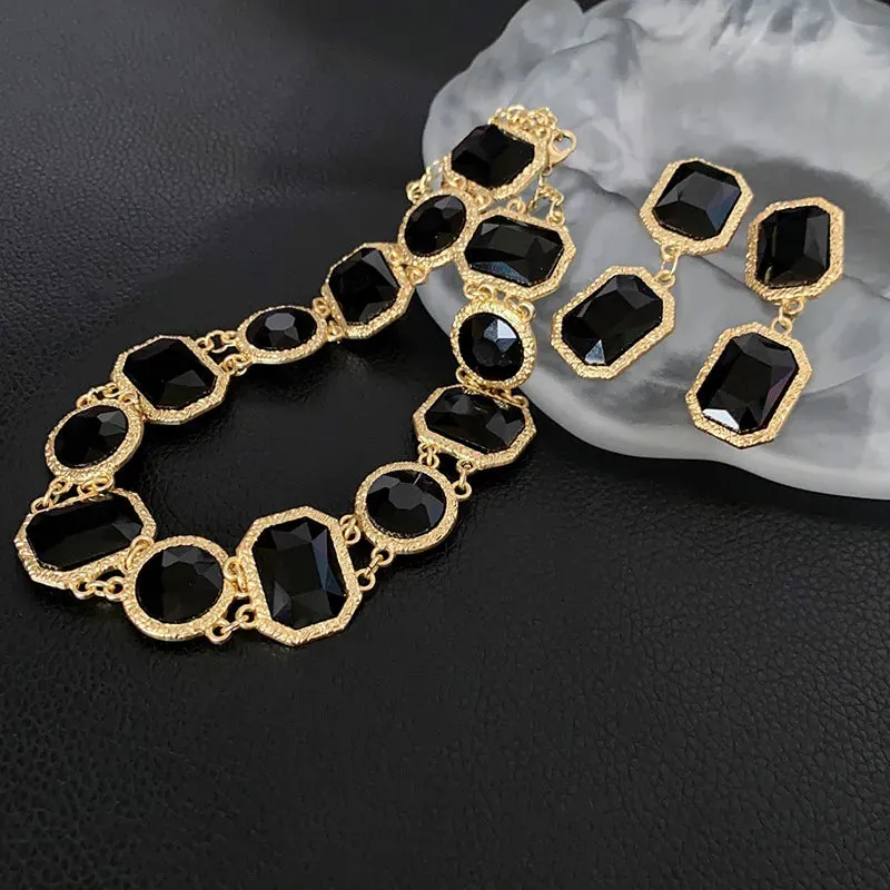 Crystal Square Round Necklace  and Dangle Earrings