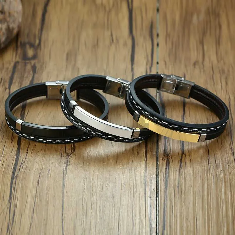 Cycolinks Custom Engraving Stainless Steel Leather Bracelet