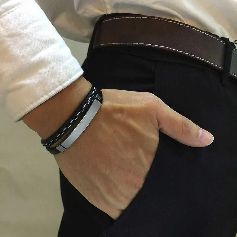 Cycolinks Custom Engraving Stainless Steel Leather Bracelet